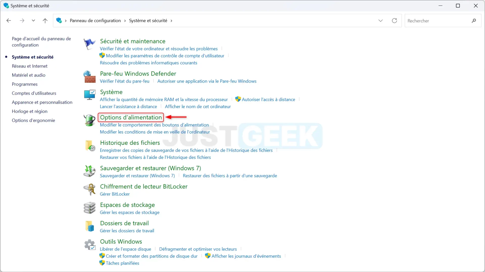 Sélectionner « Options d'alimentation » dans la section « Système et sécurité ».