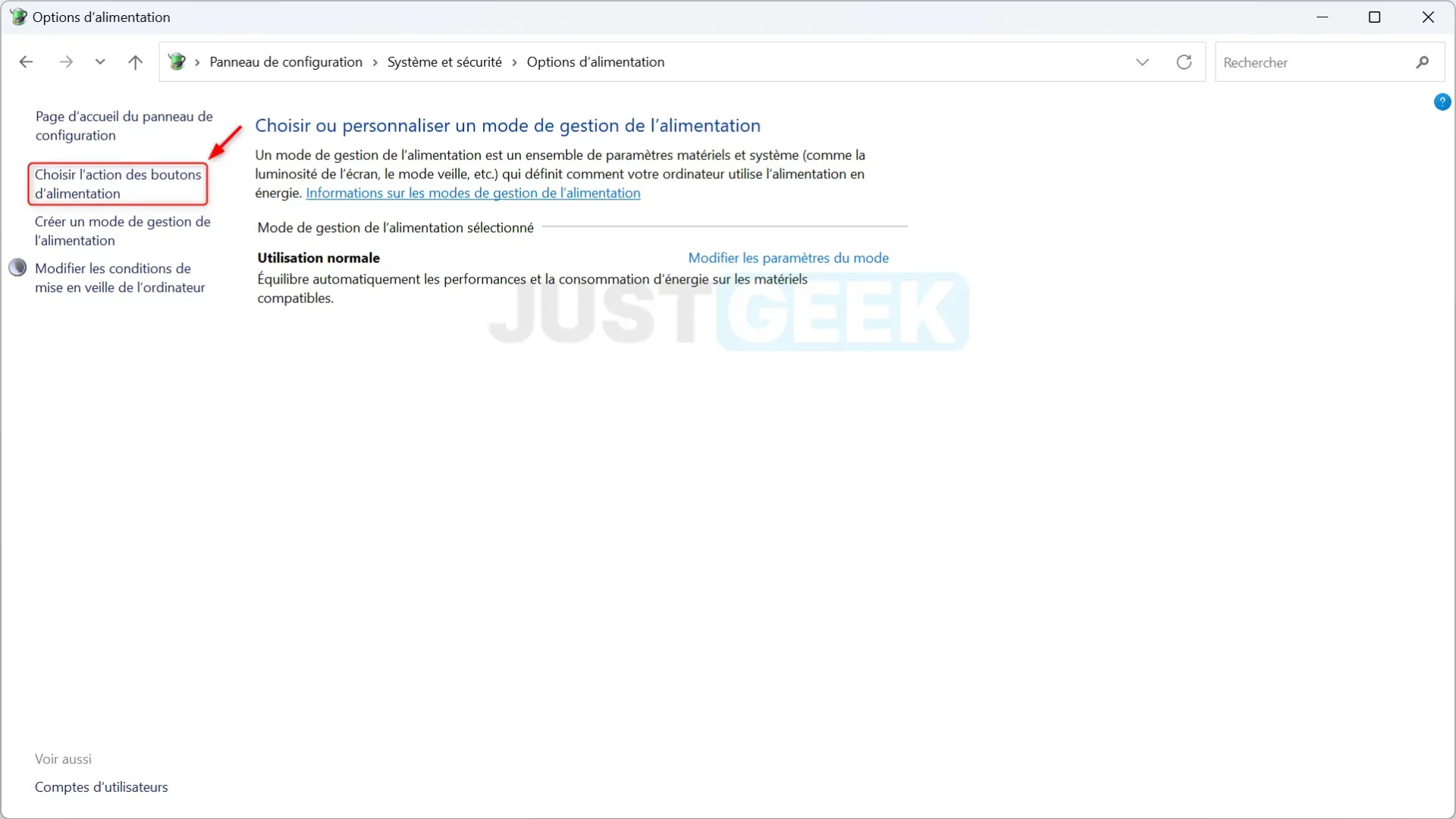 Choisir « Choisir l'action des boutons d'alimentation » dans le menu des options d'alimentation.
