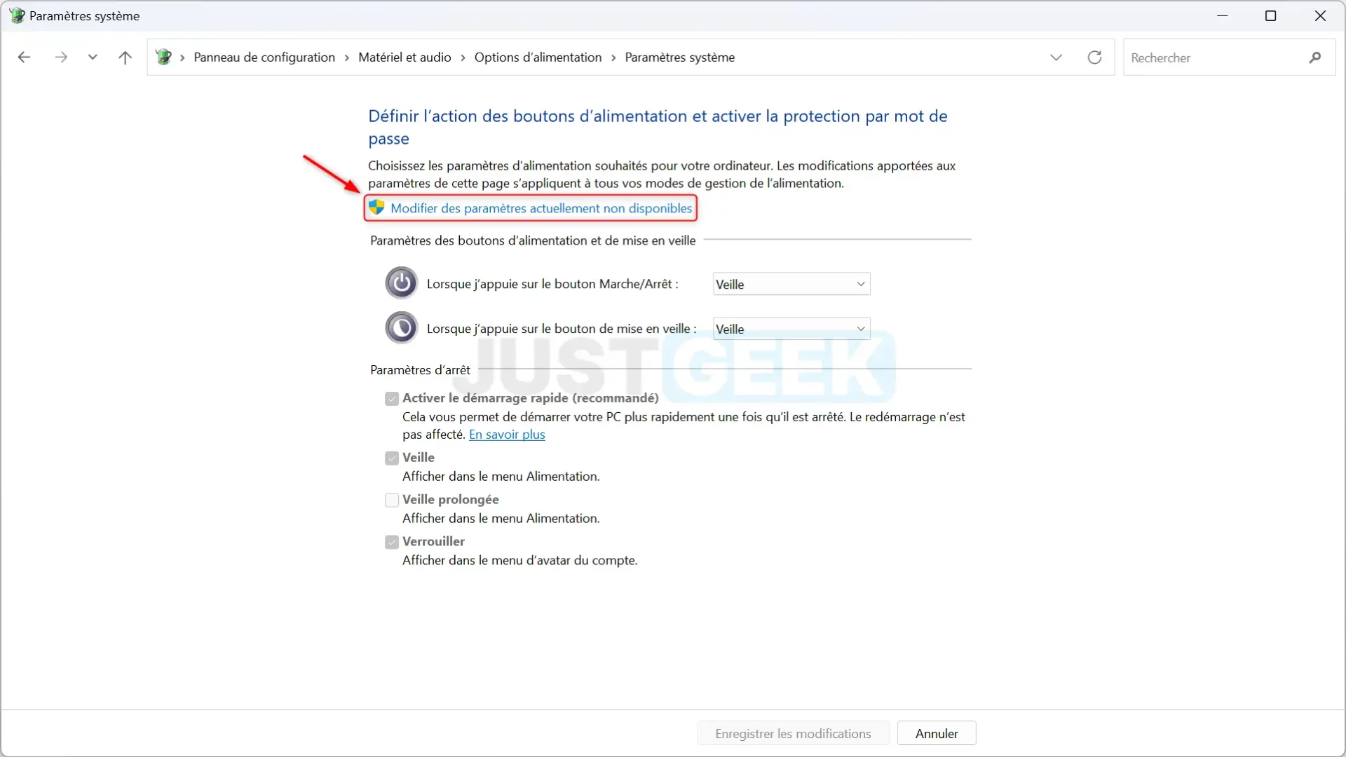 Cliquez sur « Modifier des paramètres actuellement non disponibles » pour ajuster les paramètres d'alimentation.
