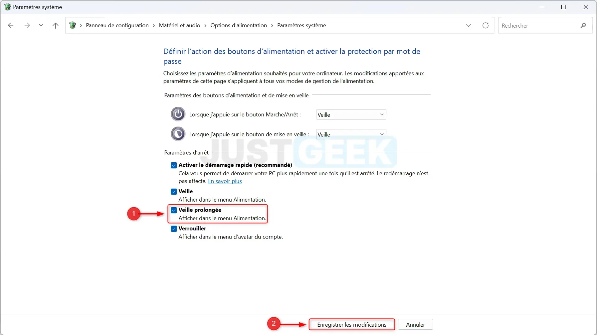 Sous la section « Paramètres d'arrêt », cocher l'option « Veille prolongée » et cliquer sur « Enregistrer les modifications ».