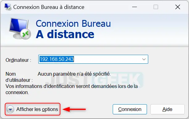Sélection de 'Afficher les options' dans l'application Bureau à distance Windows.
