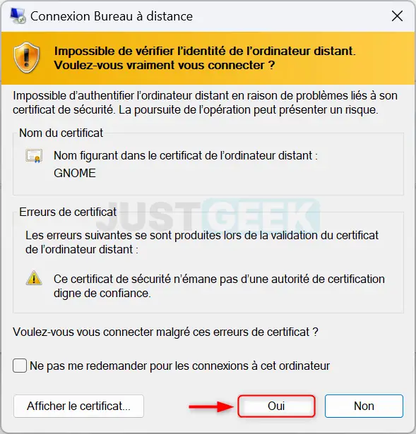 Confirmation du certificat de sécurité pour établir la connexion à distance avec Ubuntu.