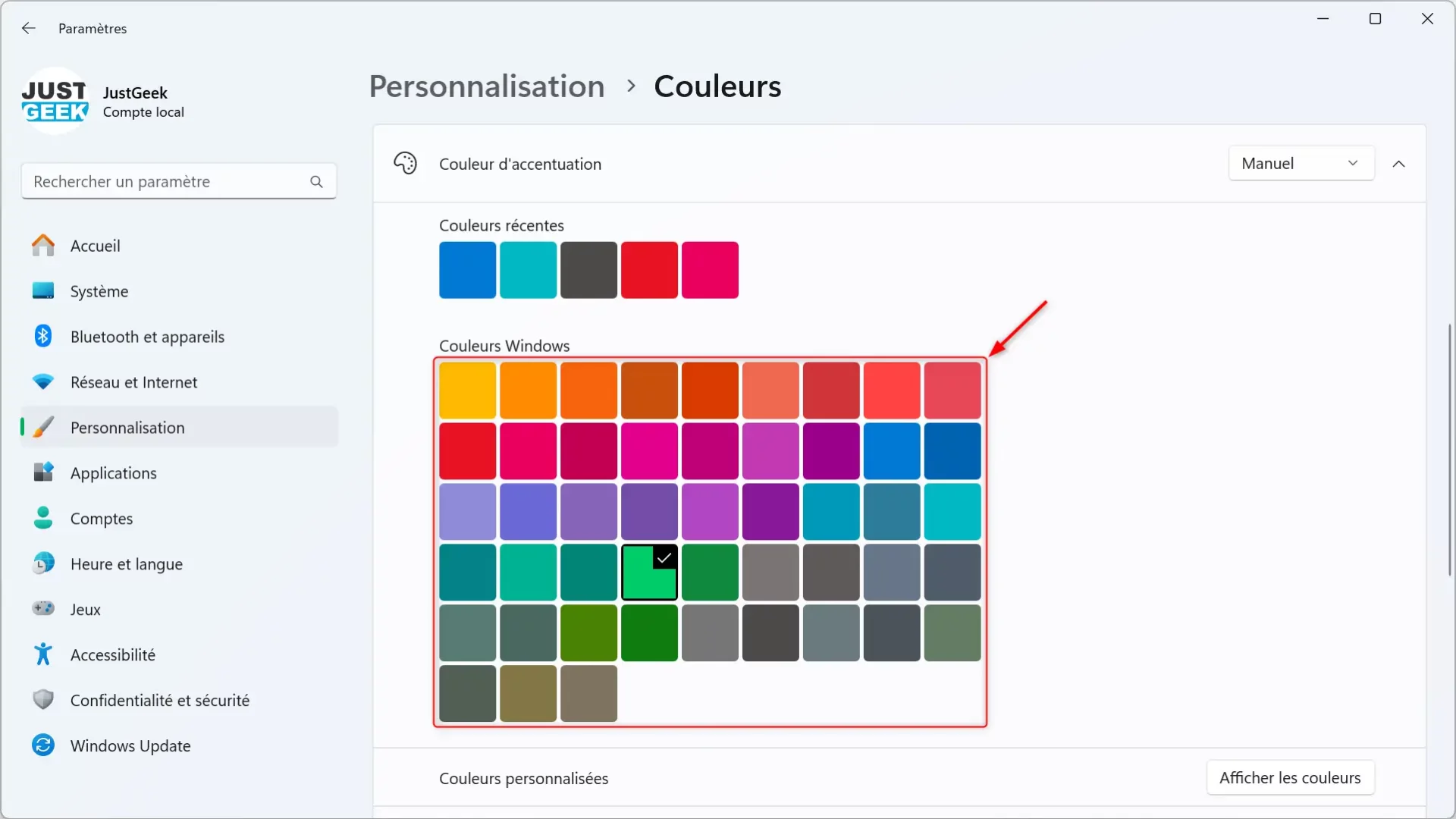 Choisir une couleur d'accentuation parmi celles disponibles dans l'échantillonnage.