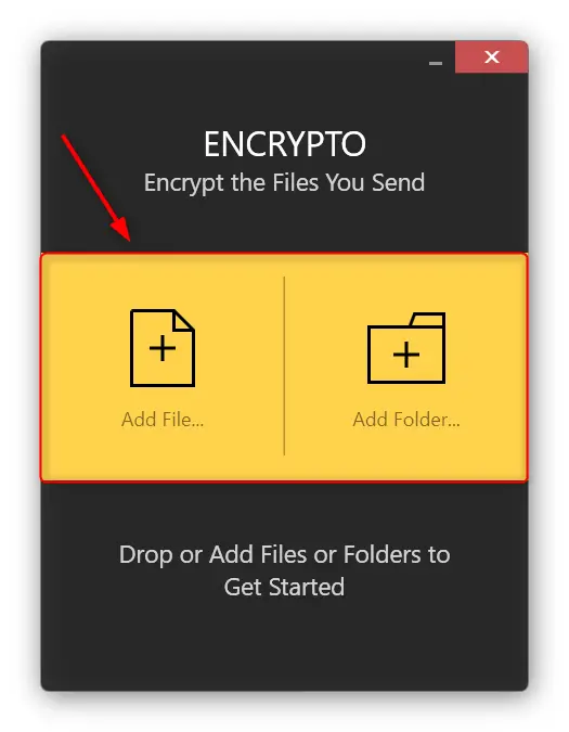 Options de menu 'Add file…' et 'Add Folder…' dans l'interface utilisateur d'Encrypto pour sélectionner le type de données à chiffrer.