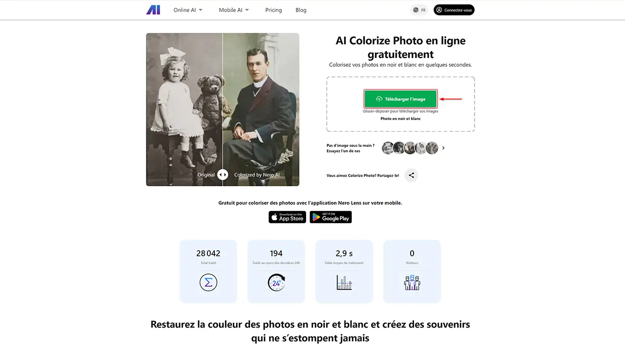 Interface utilisateur montrant le bouton "Télécharger une image" pour sélectionner une photo en noir et blanc.