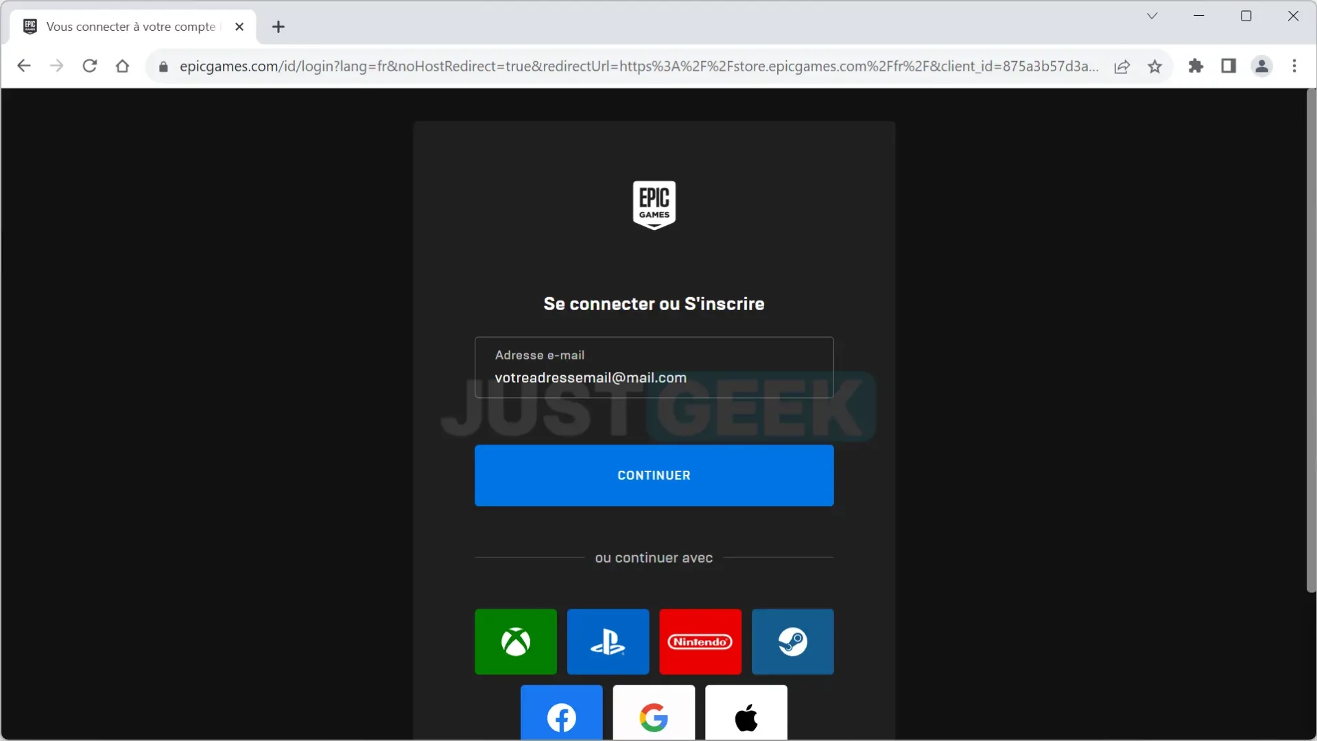 Page de connexion du site officiel d'Epic Games.