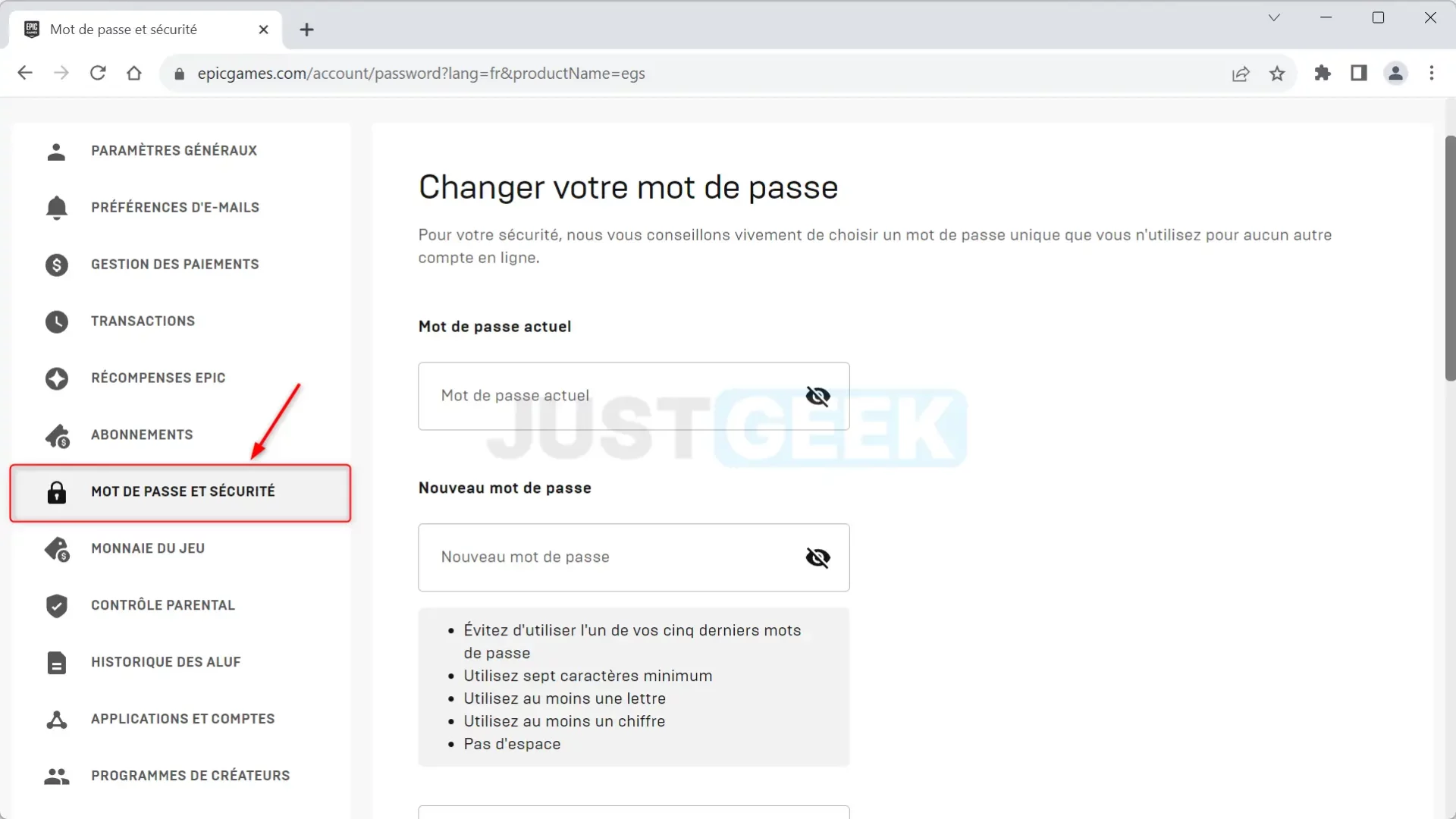 Accès à l'option 'Mot de passe et sécurité' dans les paramètres du compte Epic Games.