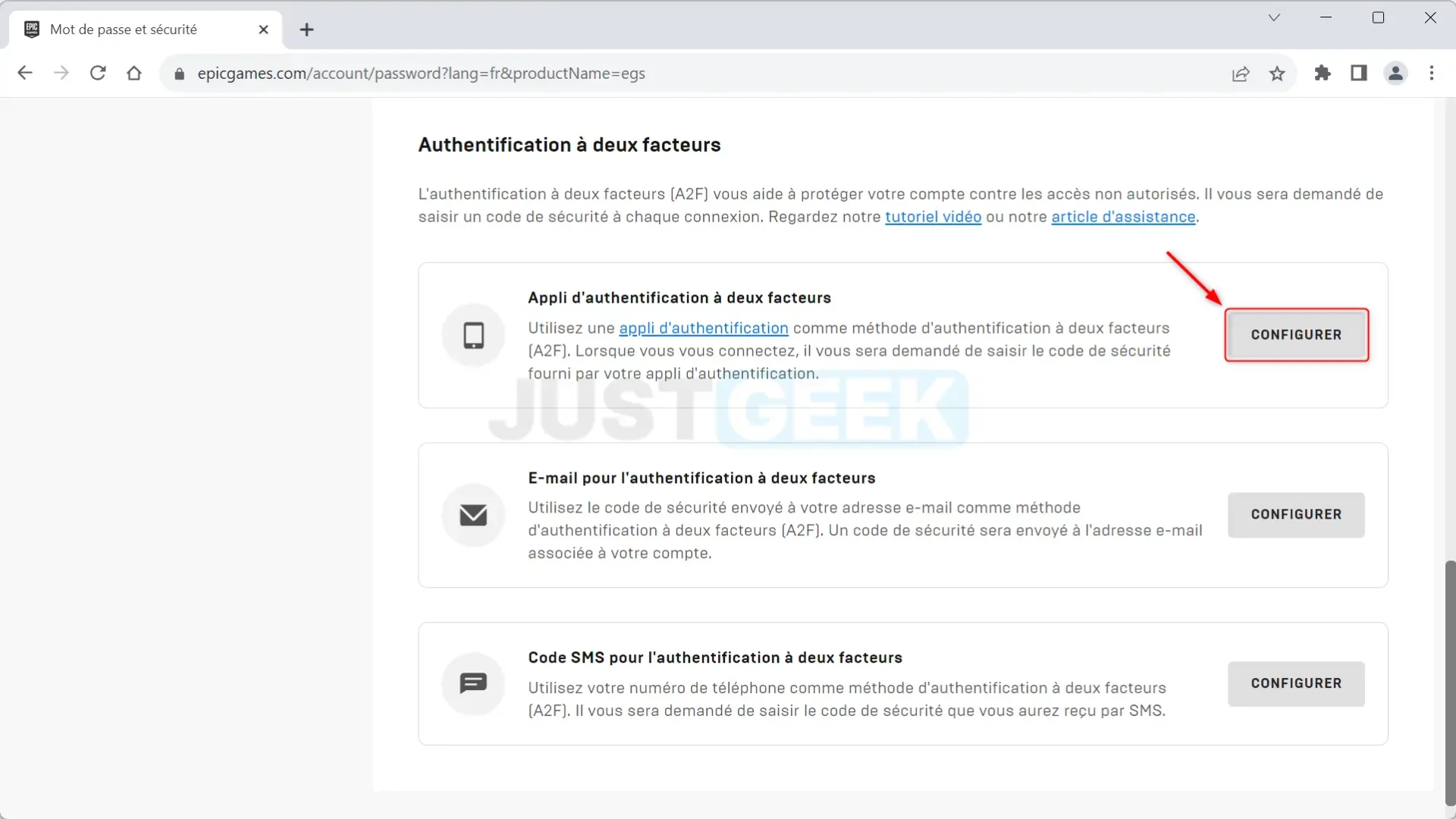 Navigation vers la section 'Authentification à deux facteurs' pour configurer l'A2F sur le compte Fortnite.