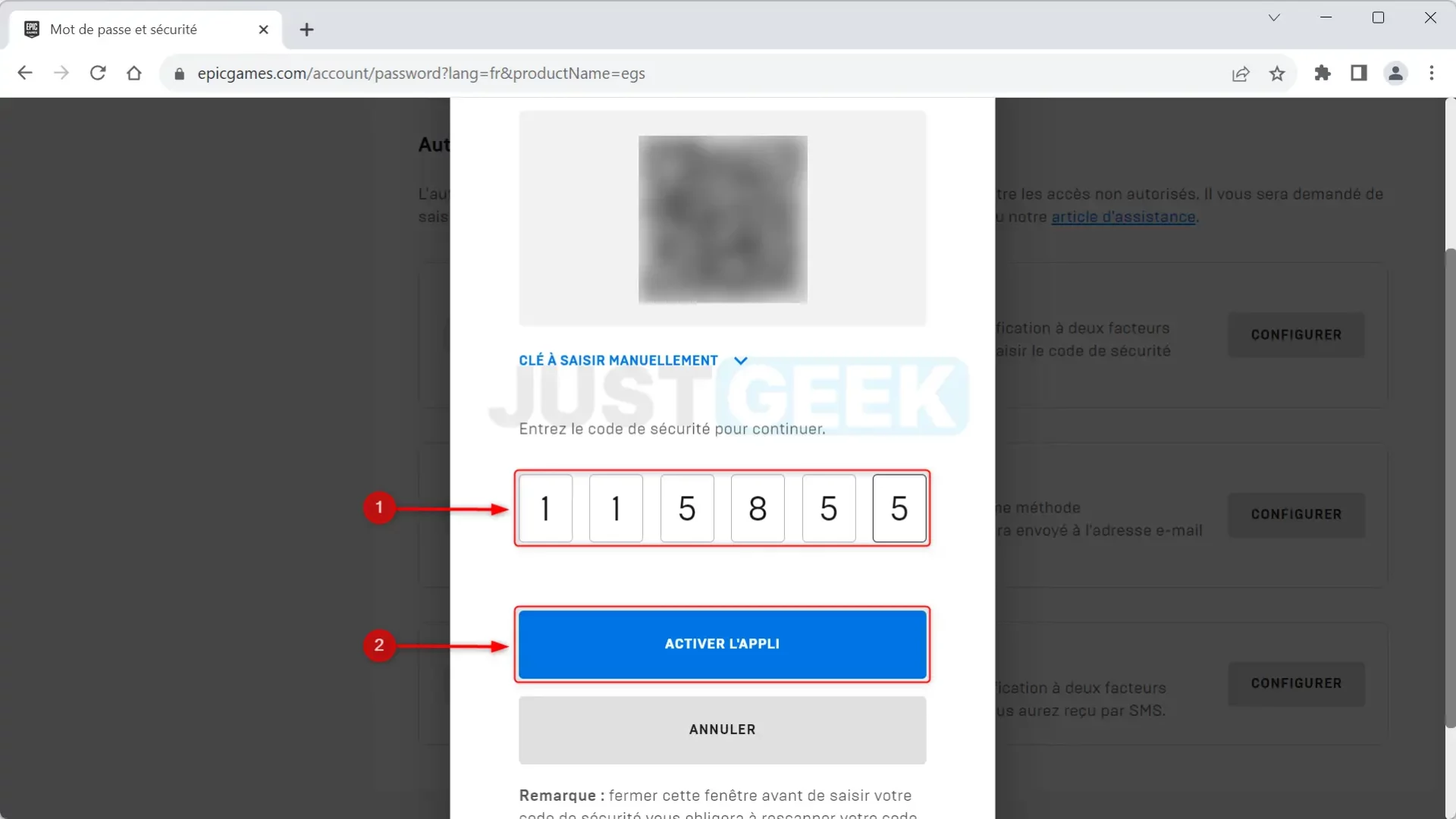 Saisie du code de sécurité 2FA pour activer l'authentification à deux facteurs sur le compte Fortnite.