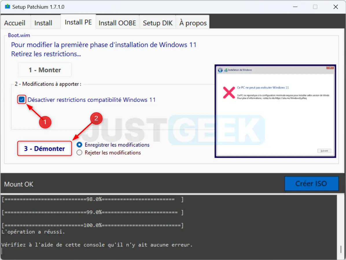 Options pour désactiver les restrictions de compatibilité de Windows 11 et enregistrer les modifications.