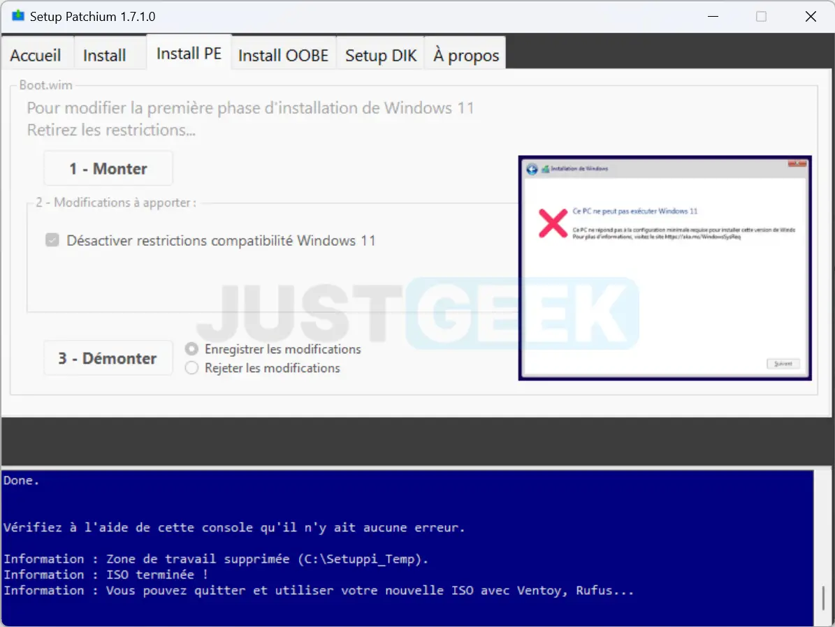 Confirmation de la création réussie d'un ISO Windows 11 personnalisé compatible avec tous les ordinateurs.
