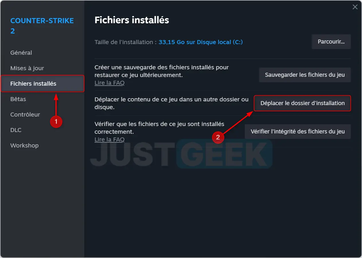 Sous-menu 'Fichiers installés' dans les Propriétés d'un jeu Steam, avec un curseur pointant vers 'Déplacer le dossier d'installation'.