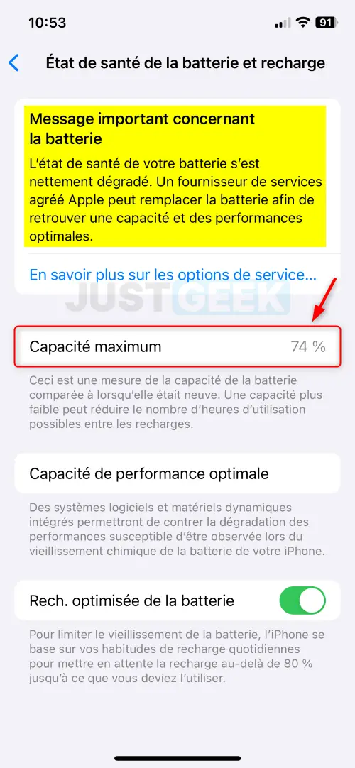 Capture d'écran du message d'alerte de la batterie sur un iPhone indiquant une dégradation significative de la batterie.