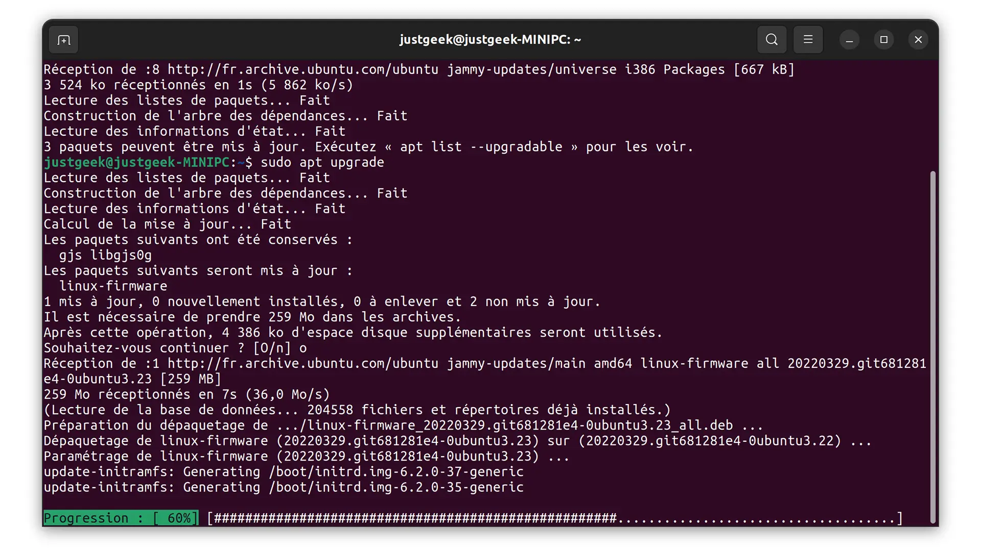 Écran du Terminal affichant le processus de mise à jour d'Ubuntu en cours.