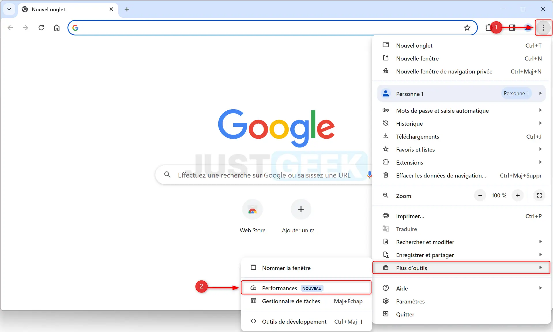 Capture d'écran du menu de Google Chrome, le sous-menu "Plus d'outils" dans Google Chrome, avec une flèche indiquant l'option "Performances" à sélectionner.