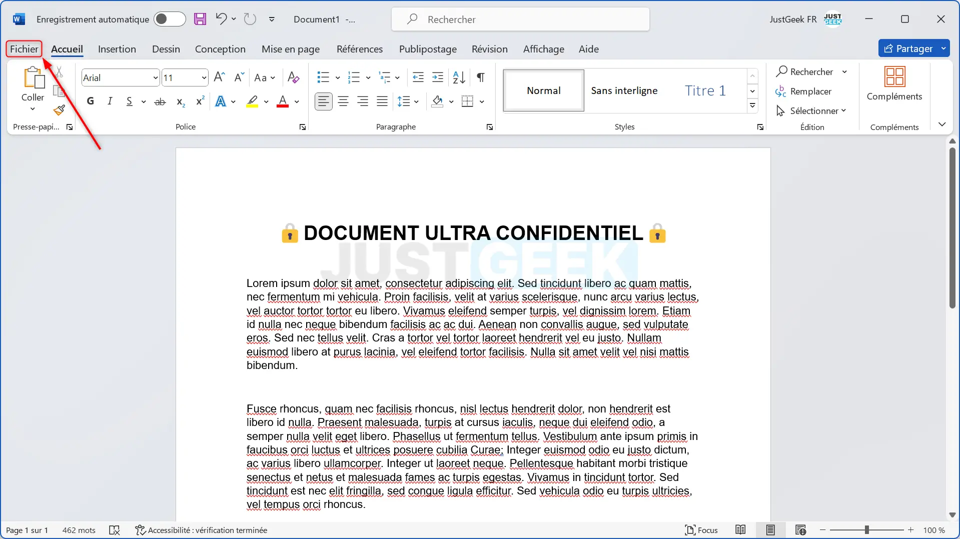 Onglet "Fichier" dans Microsoft Word