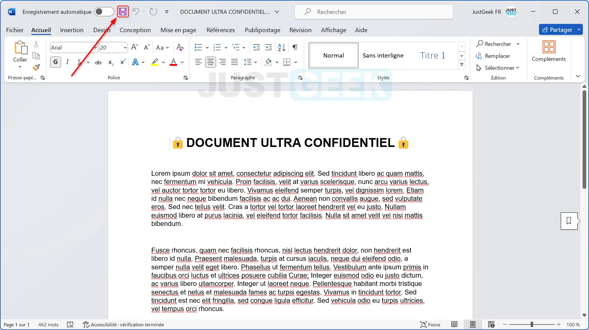 Bouton "Enregistrer" dans Microsoft Word