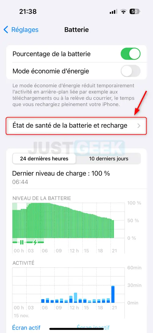 Capture d'écran de la section "État de santé de la batterie et recharge" sur iPhone