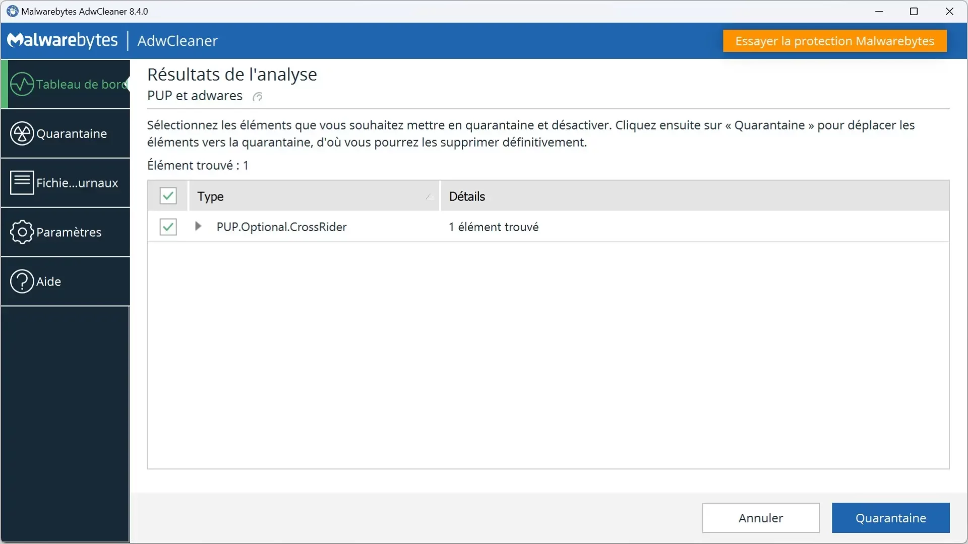 Exemple d'analyse par le logiciel Malwarebytes AdwCleaner