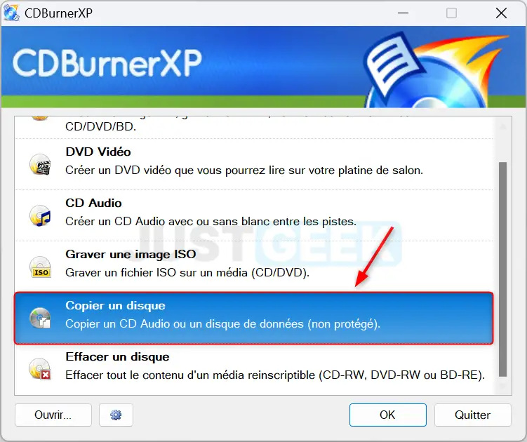 Option 'Copier un disque' sélectionnée dans l'interface utilisateur de CDBurnerXP.