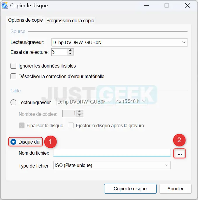 Sélection du lecteur de disque approprié dans le menu déroulant 'Source' de CDBurnerXP.