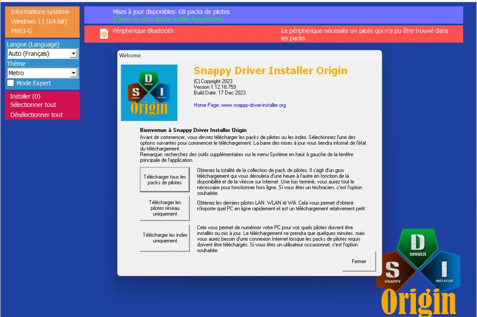 Interface du logiciel Snappy Driver Installer Origin