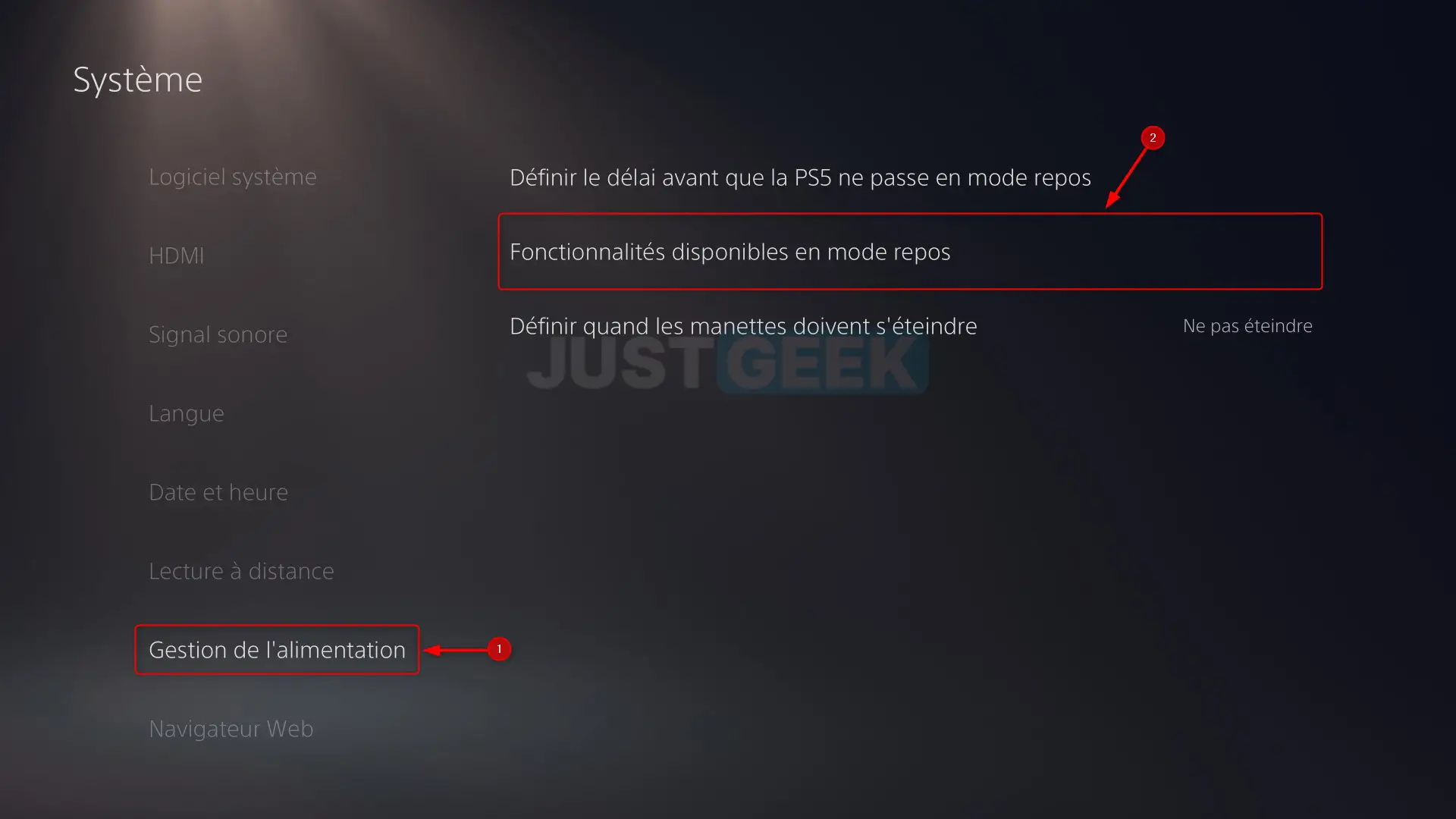 Menu 'Gestion de l'alimentation' dans les paramètres de la PlayStation 5, montrant l'option pour accéder aux 'Fonctionnalités disponibles en mode repos'.