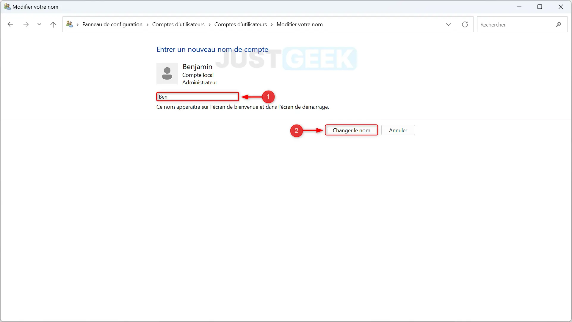 Capture d'écran montrant le champ où saisir le nouveau nom de compte utilisateur et le bouton 'Changer le nom' dans Windows 11.