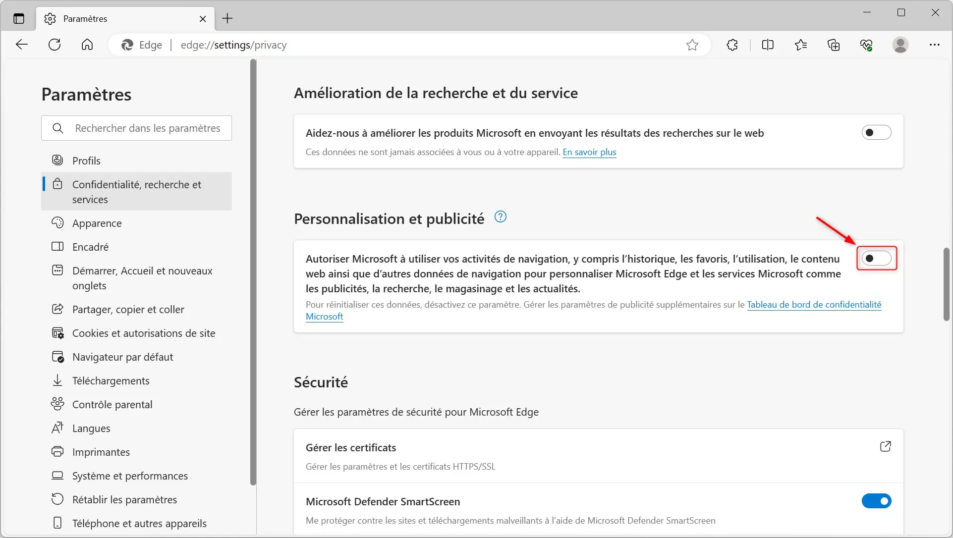 Désactiver l'option « Autoriser Microsoft à utiliser vos activités de navigation » dans Microsoft Edge.