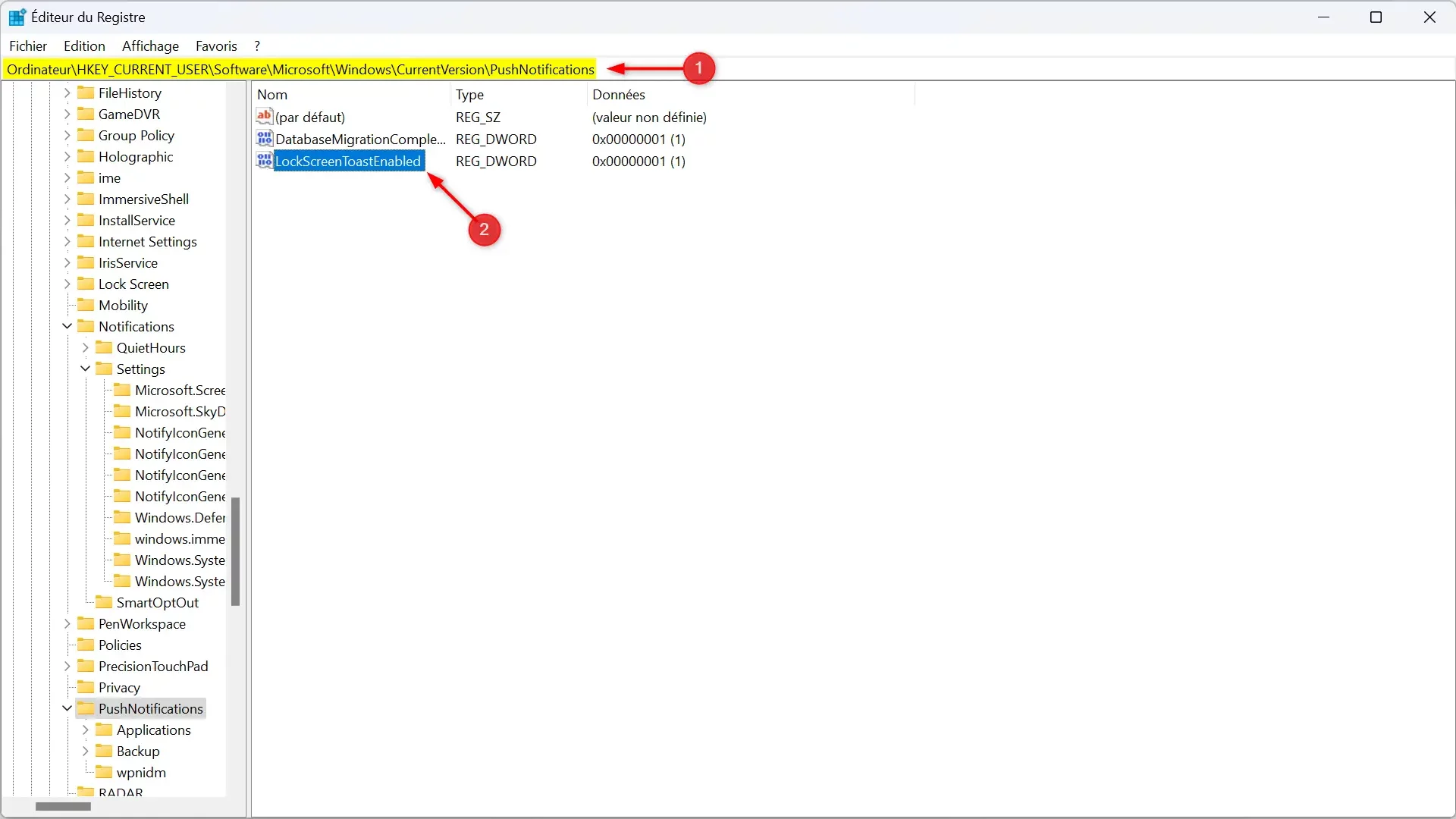 Désactiver les notifications sur l'écran de verrouillage depuis le Registre de Windows 11