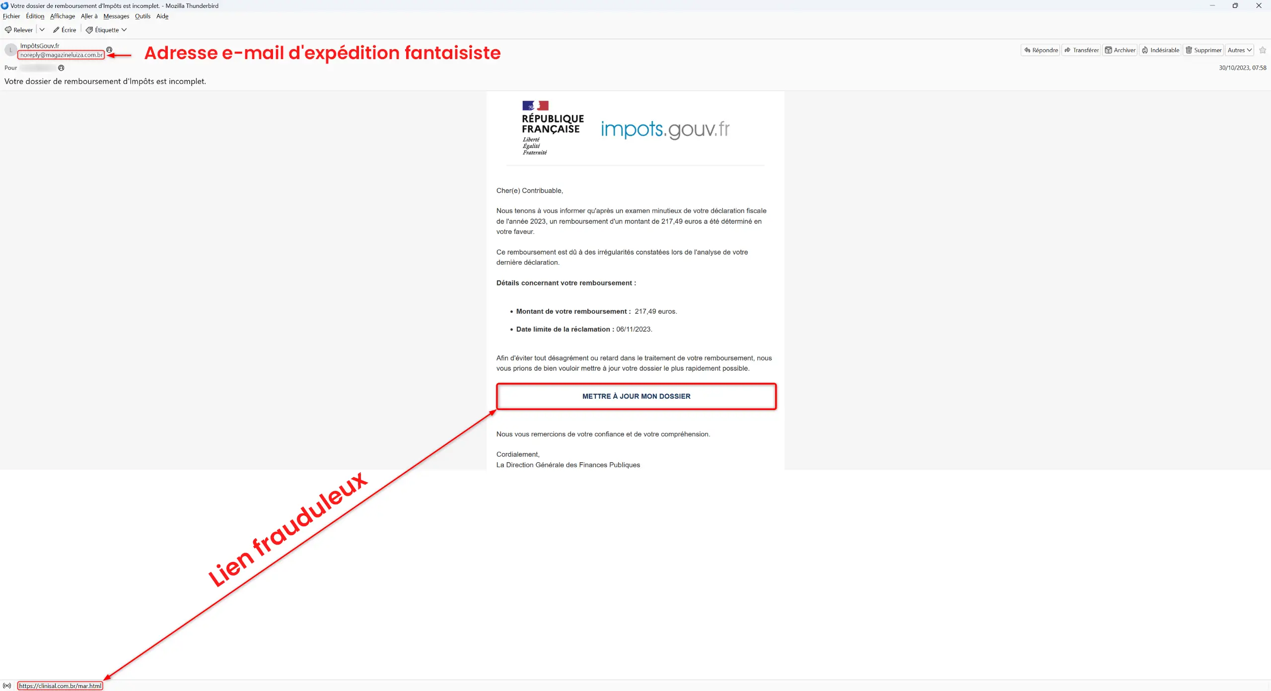 Exemple d'e-mail de phishing contenant un lien frauduleux