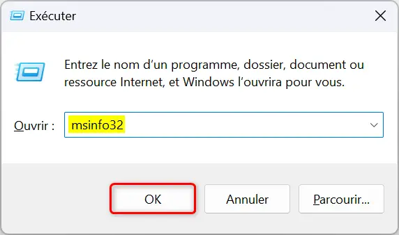 Commande Exécuter : msinfo32