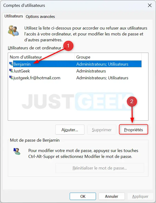 Image montrant le processus de sélection d'un compte utilisateur local et le clic sur 'Propriétés' dans l'utilitaire netplwiz sur Windows 11.
