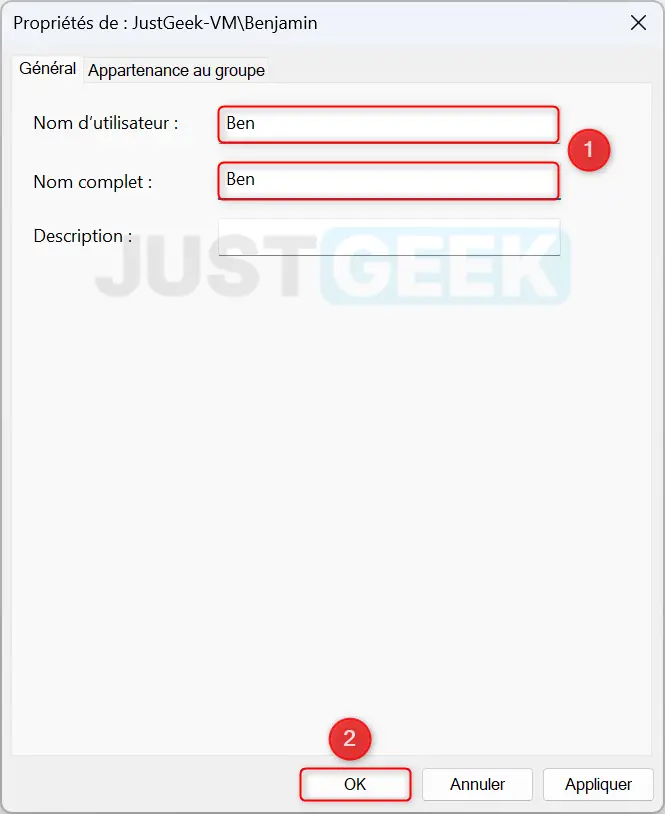 Capture d'écran affichant la fenêtre de modification du nom d'utilisateur, où l'on saisit le nouveau nom et clique sur 'OK' dans netplwiz.