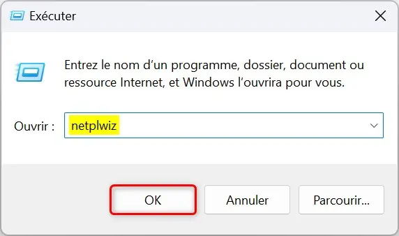 Image illustrant la saisie de la commande 'netplwiz' dans la boîte de dialogue Exécuter pour accéder à la gestion des comptes d'utilisateurs sur Windows 11.