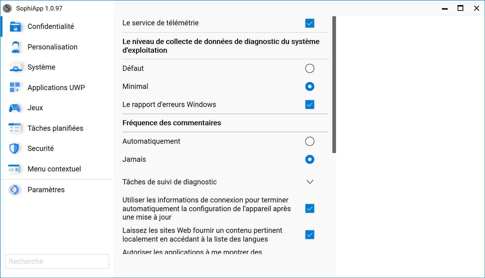 Modifier les paramètres de confidentialité de Windows 11 et 10 depuis l'interface de SophiApp
