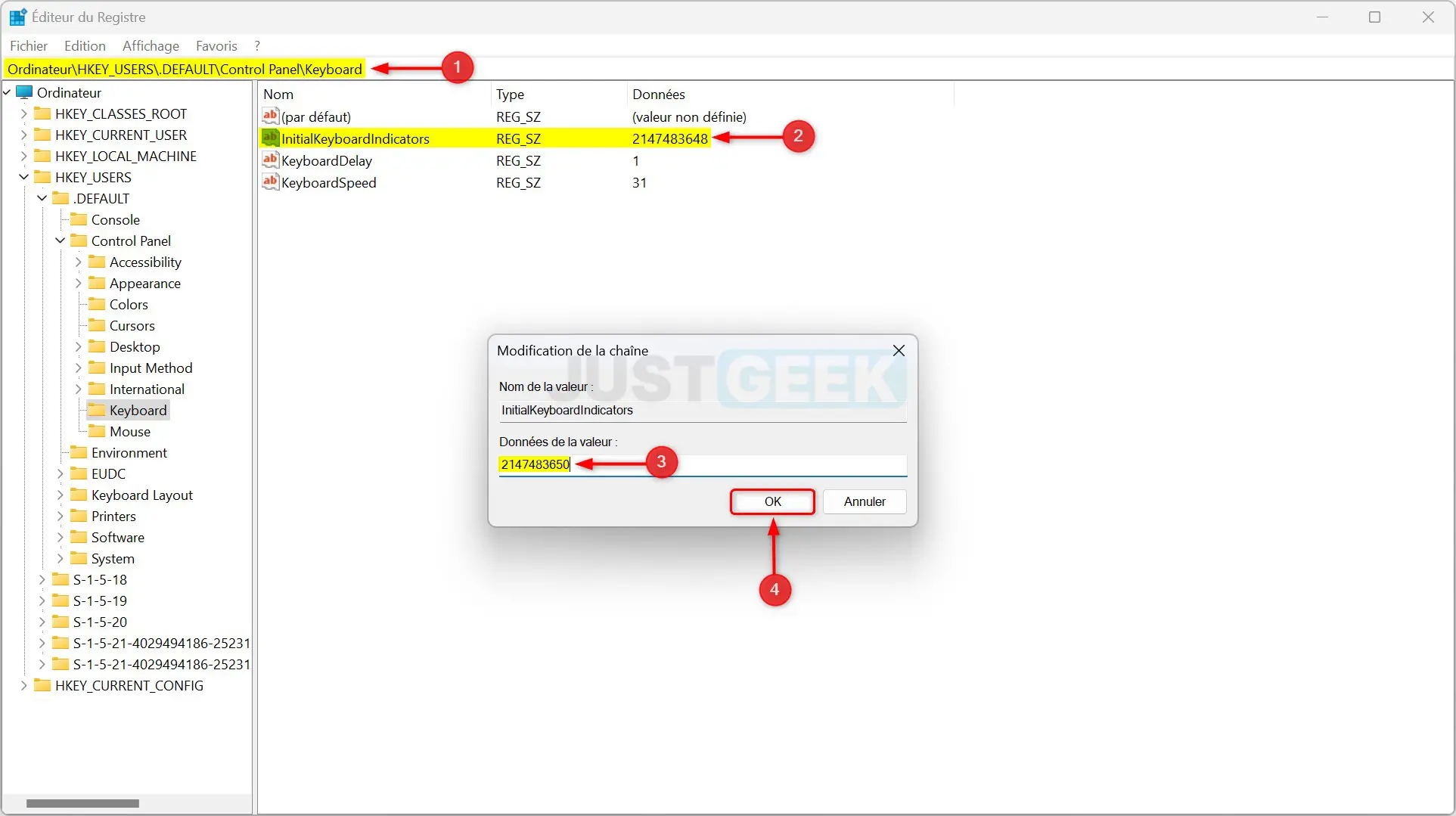 Activer le pavé numérique au démarrage de Windows 11 depuis l'Éditeur du Registre.