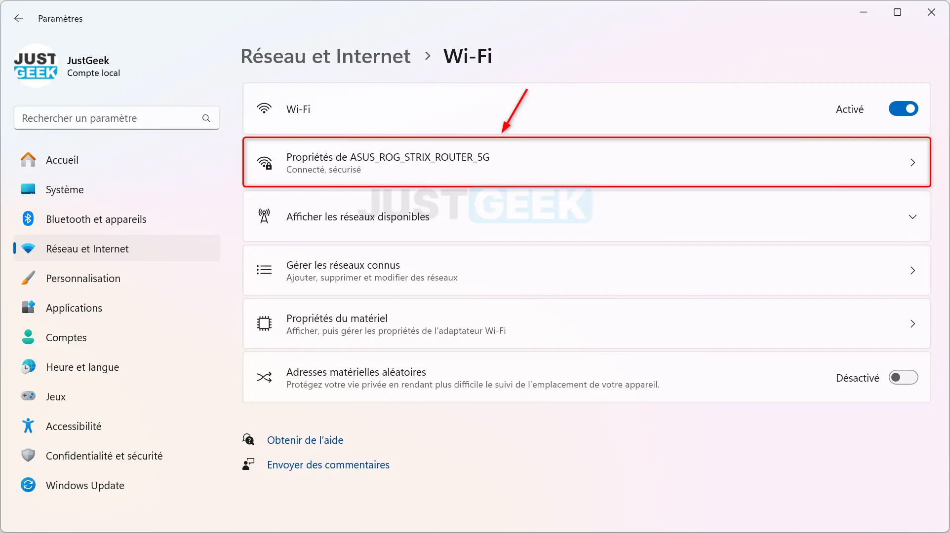 Sélection de la connexion Wi-Fi spécifique dans Windows 11.