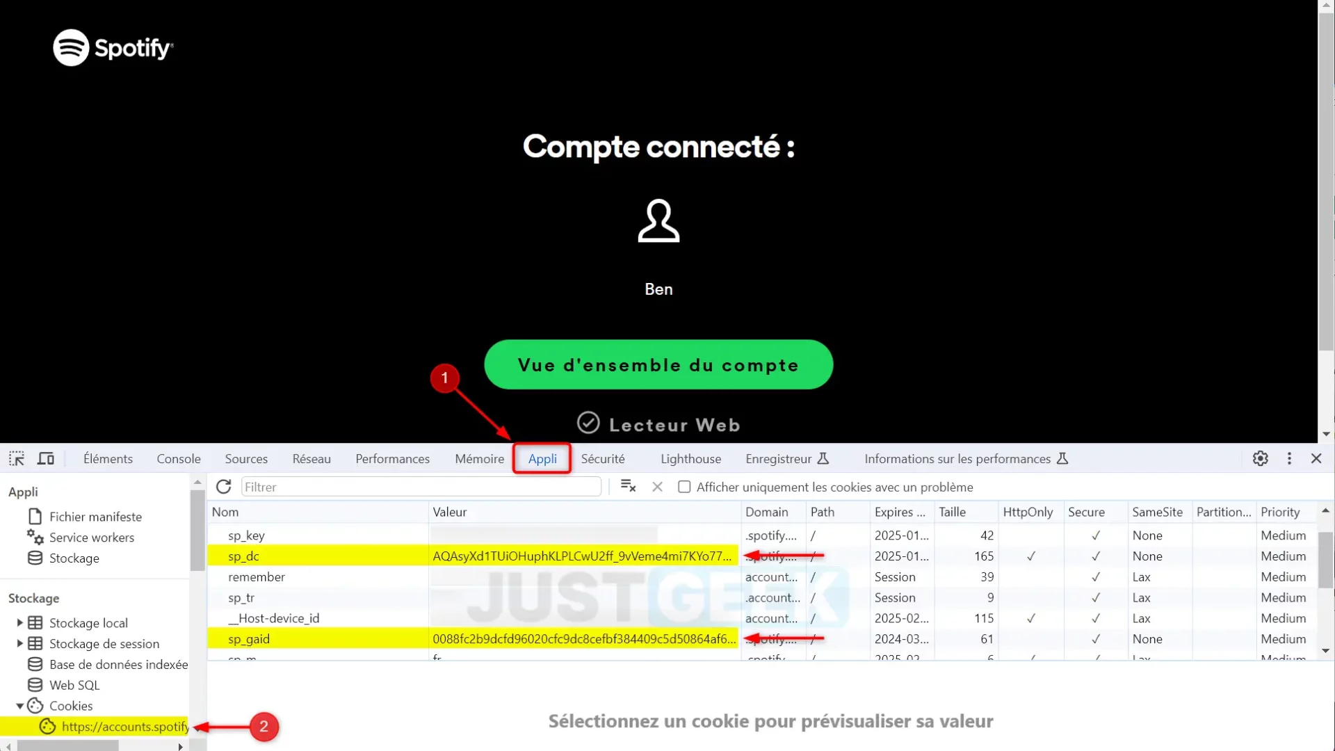 Localisation des champs sp_dc et sp_key (ou sp_gaid) dans les cookies Spotify