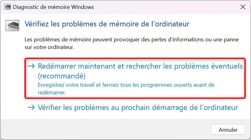 Diagnostic de mémoire Windows