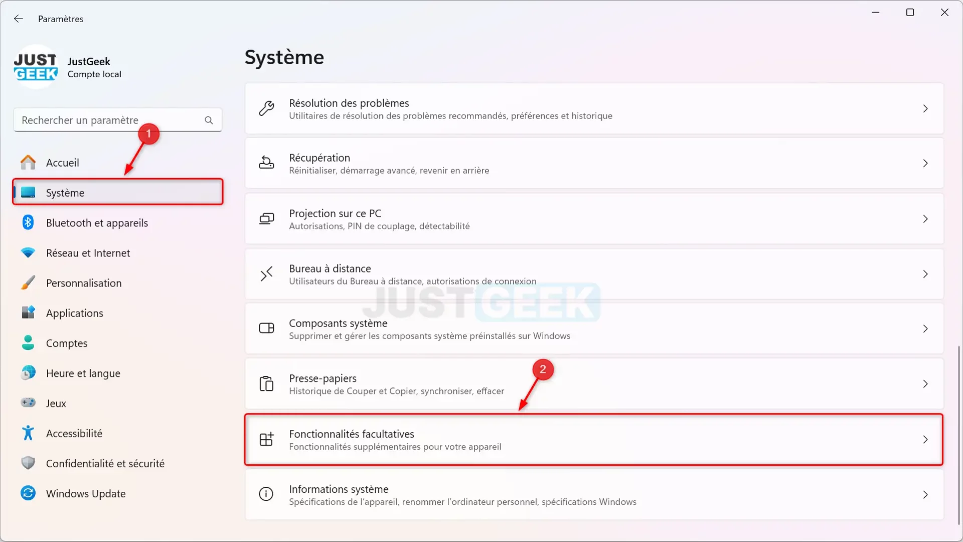 Navigation dans les Paramètres de Windows 11 vers "Système" puis "Fonctionnalités facultatives".