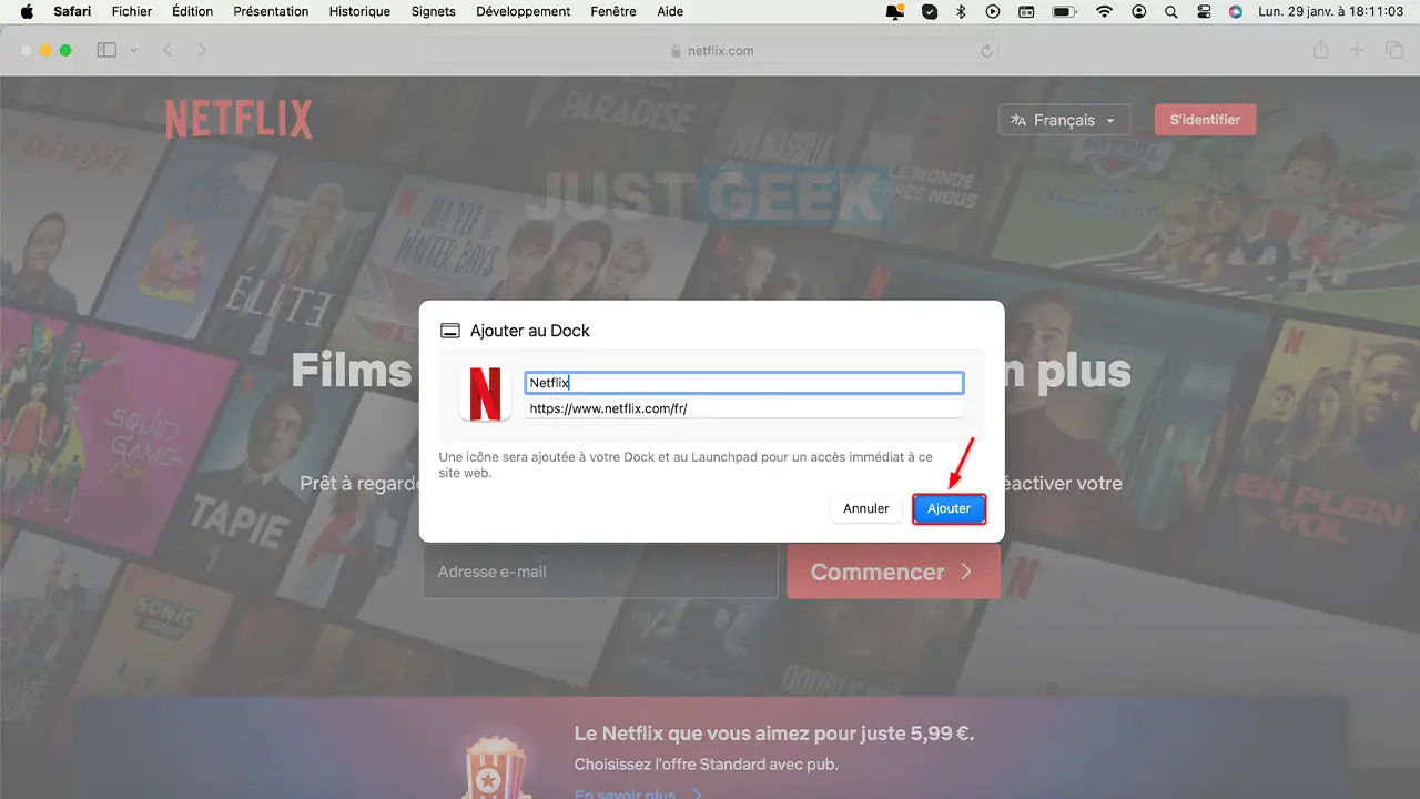 Fenêtre de dialogue pour nommer le raccourci Netflix, avec le bouton 'Ajouter' en évidence.