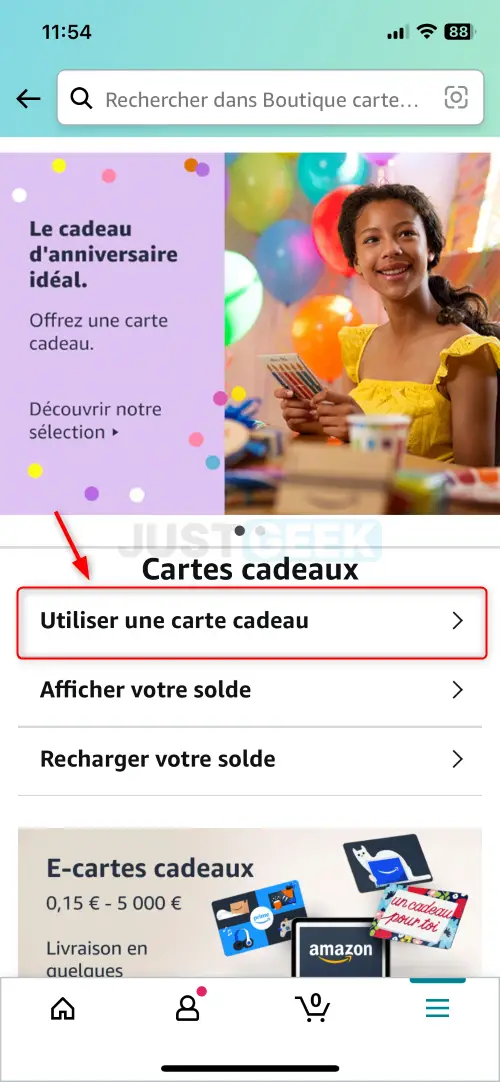 Option 'Utiliser une carte cadeau' dans l'application Amazon pour activer une carte