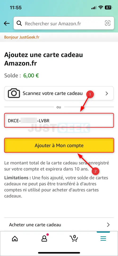 Saisie ou scan du code de carte-cadeau Amazon sur l'application mobile pour ajout au compte