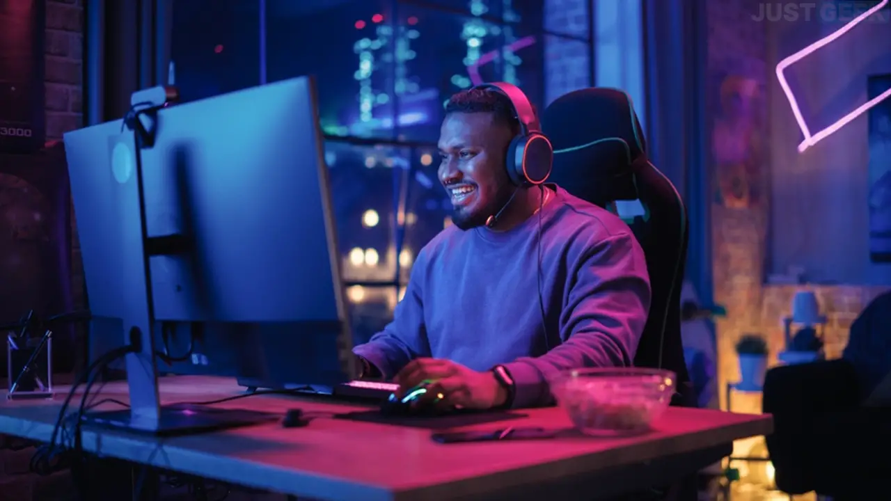 Joueur afro-américain dans un jeu vidéo en ligne sur PC