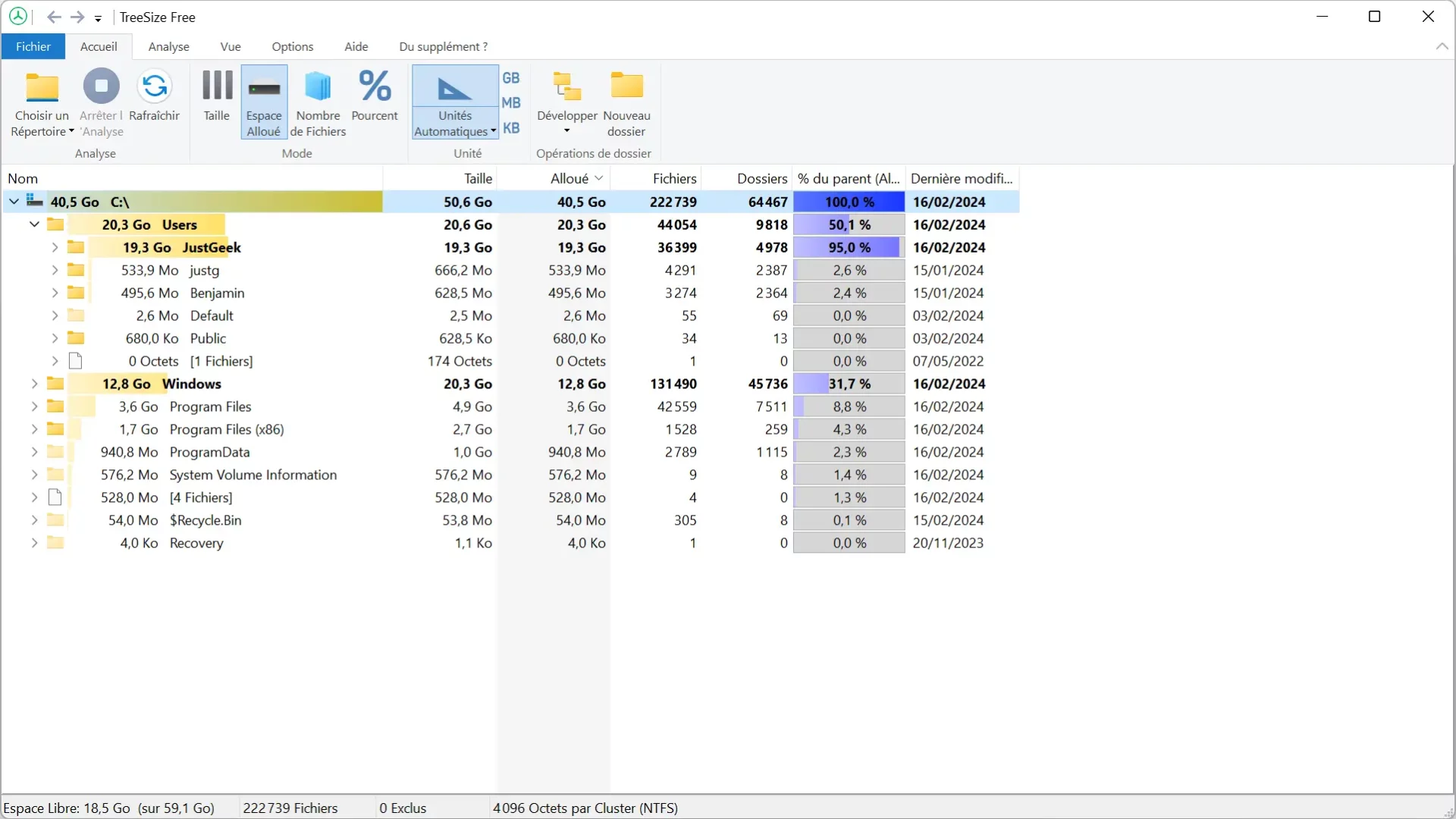 Interface du logiciel TreeSize Free