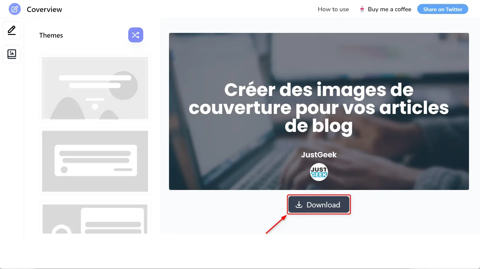 Bouton de téléchargement sur Coverview pour sauvegarder l'image de couverture personnalisée.