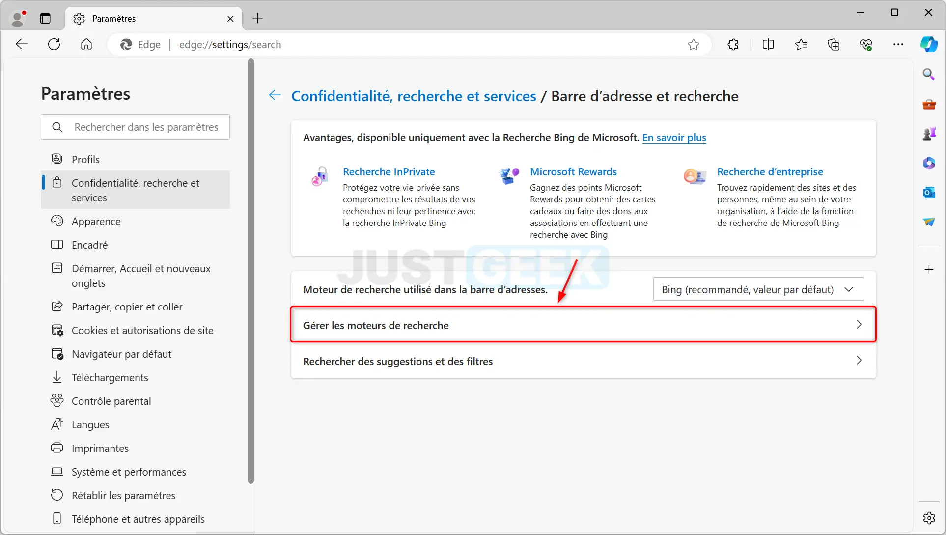 Option 'Gérer les moteurs de recherche' mise en évidence dans les paramètres du navigateur.