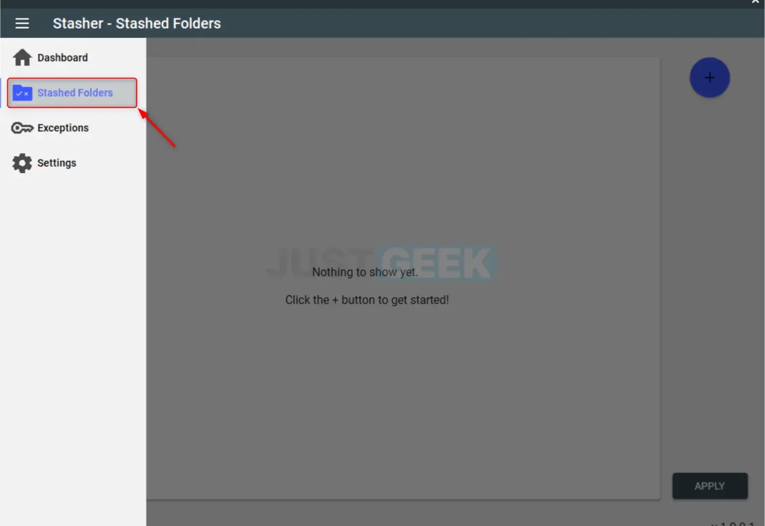 Interface utilisateur de Stasher montrant l'option 'Stashed Folders' dans le menu du volet de gauche.