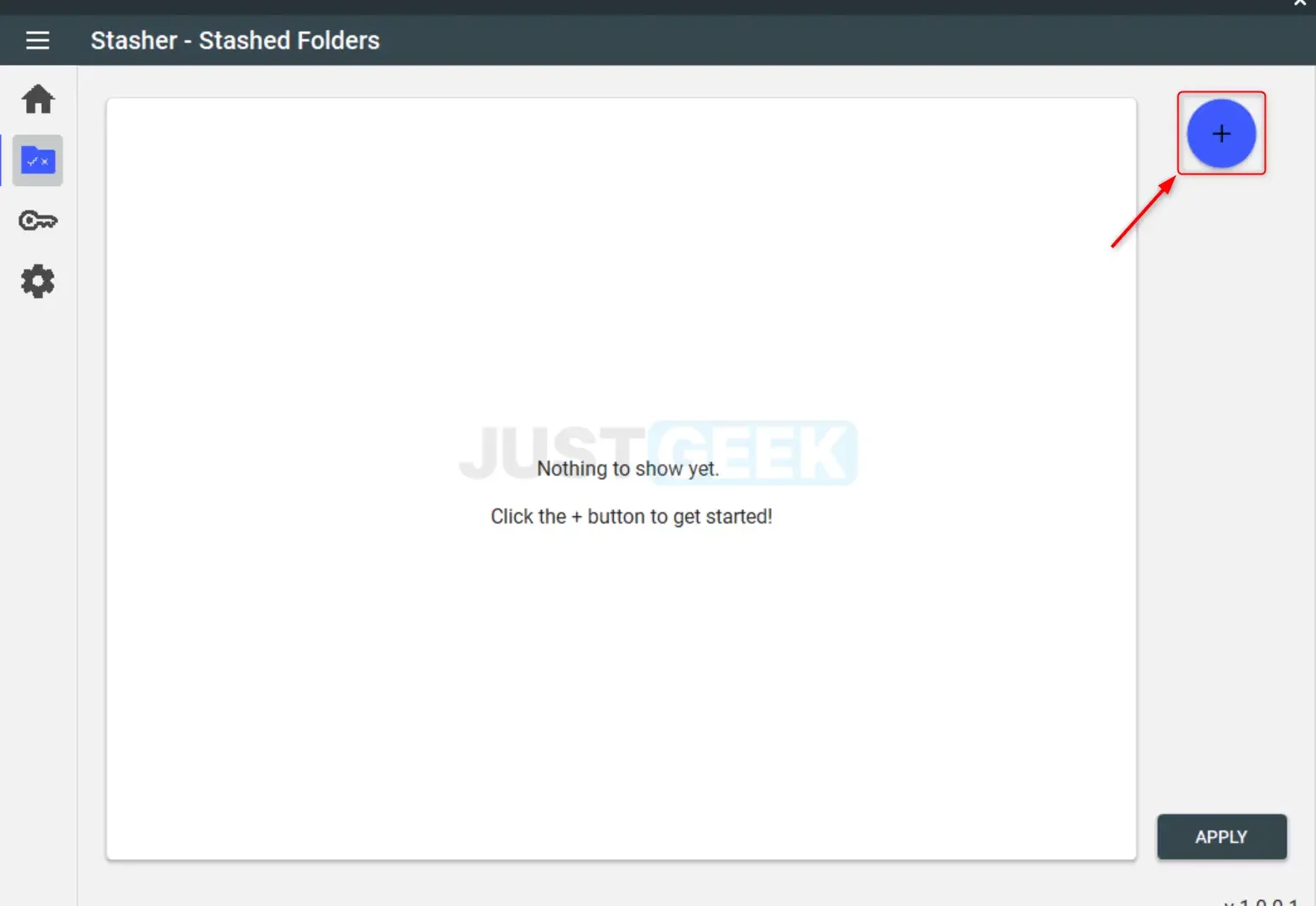 Écran de Stasher montrant comment ajouter des dossiers à cacher en utilisant le bouton '+' et l'option 'Apply'.